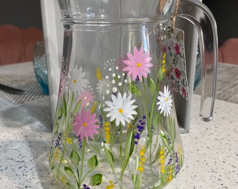 Hand Painted Glass Summer set Jug Pitcher Vase with glasses Daisies design Birthday Mothers Day Wedding Gift could be personalised