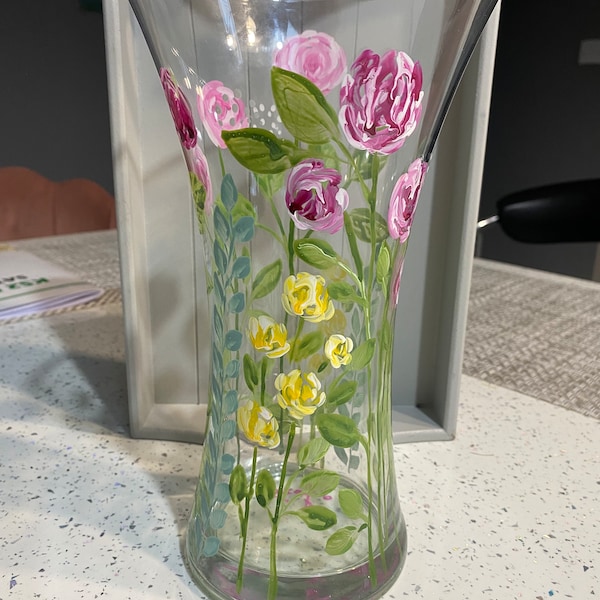 Hand Painted Glass Vase Floral Rose Garden design Birthday Wedding Gift Personalisation available