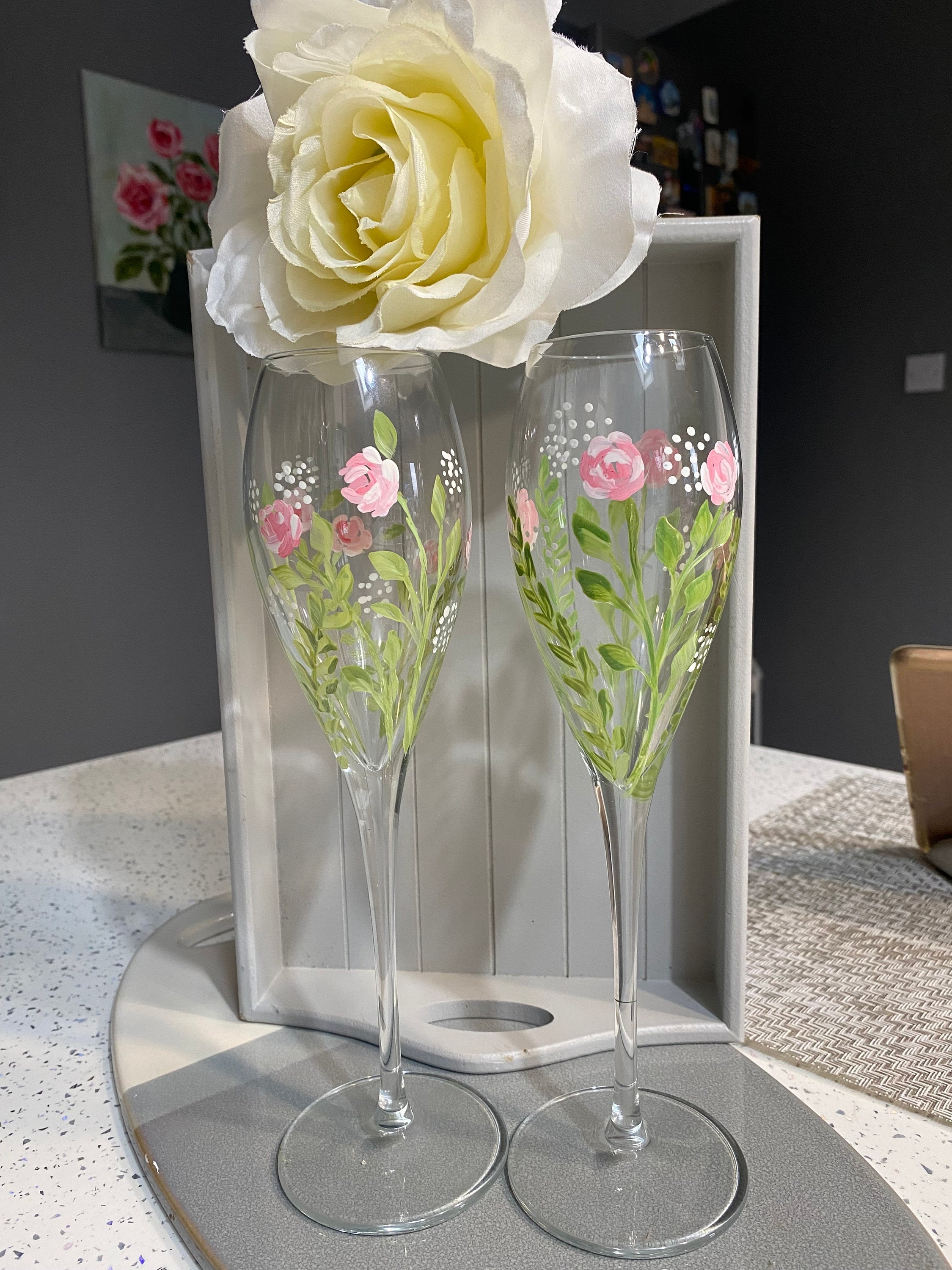 Hand Painted Champagne Flutes Glasses Wedding Roses Flowers Design ...
