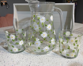 Hand Painted Glass Summer set Jug Pitcher Vase with glasses Daisies design Birthday Mothers Day Wedding Gift could be personalised