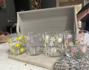 Modern Hand Painted Stackable glasses SET of 4 Multicoloured DAISY design