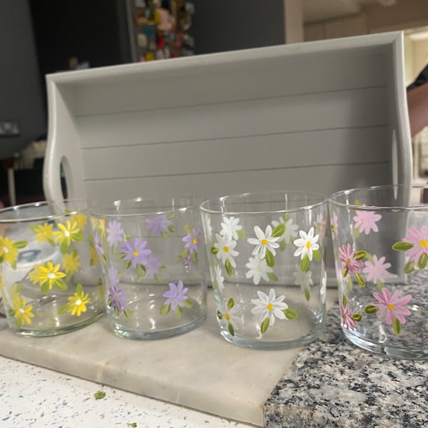 Modern Hand Painted Stackable glasses SET of 4 Multicoloured DAISY design