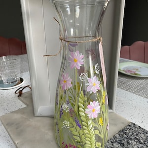 Hand Painted Glass Vase Decanter Carafe Floral Meadow Dragonfly design