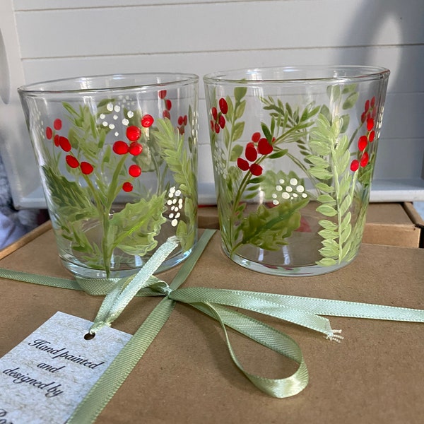 Hand Painted Stackable glasses SET of 2 or 4 Festive Holly tree berry design Christmas