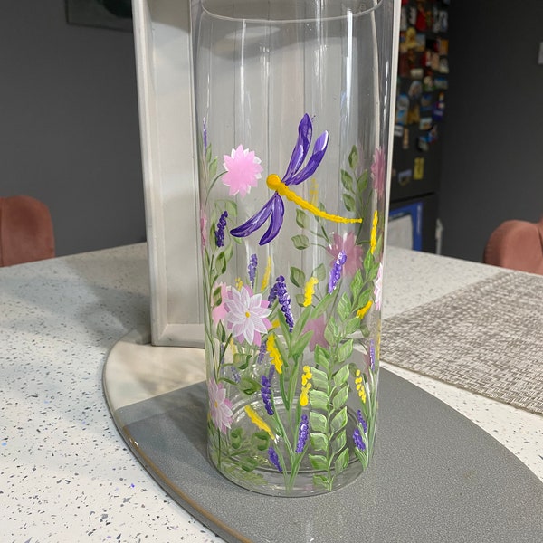 Beautiful Hand Painted Glass Dragonfly Vase Modern Cylinder Shape Birthday Wedding Mother’s Day Gift Tall Vase