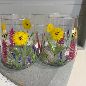 Hand Painted Gift Bee & Sunflower Tumbler Glass in a gift box Floral Sunflower design Birthday Special Gift