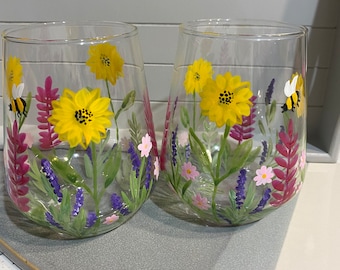 Hand Painted Gift Bee & Sunflower Tumbler Glass in a gift box Floral Sunflower design Birthday Special Gift