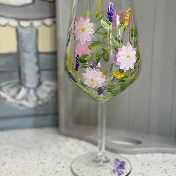 Hand painted Wine Glass pink double petals Flowers & lavenderDesign Special Gift Birthday Anniversary Wedding Mother’s Day Gift Floral Boxed