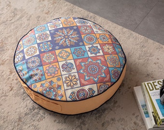 Mandala Multi-Purpose Filled Pouf, Floor Cushion, Garden Cushion, Balcony Cushion, Round Cushion, Handlebar