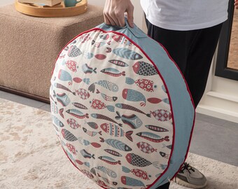 Finny Multi-Purpose Filled Pouf, Floor Cushion, Garden Cushion, Balcony Cushion, Round Cushion, carrying handle