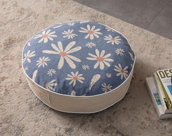 Blue Daisy Multi-Purpose Filled Pouf, Floor Cushion, Garden Cushion, Balcony Cushion, Round Cushion, Carrying Handle