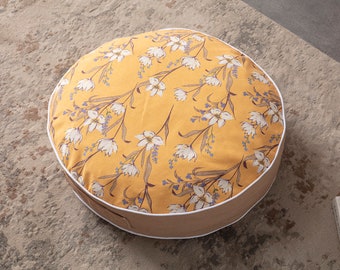 Yellow Flowers Multi-Purpose Filled Pouf, Floor Cushion, Garden Cushion, Balcony Cushion, Round Cushion