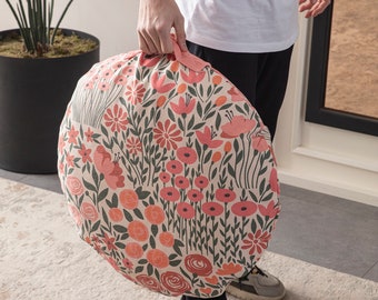 Pink Flowers Multi-Purpose Filled Pouf, Floor Cushion, Garden Cushion, Balcony Cushion, Round Cushion, Handlebar