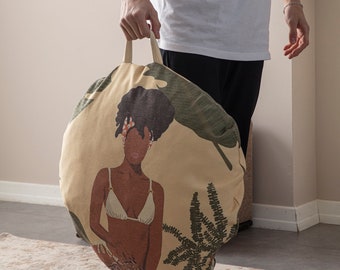 Summer Woman Multi-Purpose Filled Pouf, Floor Cushion, Garden Cushion, Balcony Cushion, Round Cushion, Handlebar