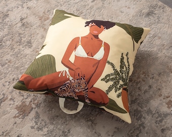 Summer Woman Multi-Purpose Filled Pouf, Floor Cushion, Garden Cushion, Balcony Cushion, Square Cushion, Handlebar