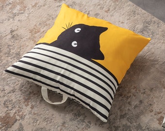 Black Cat Multi-Purpose Filled Pouf, Floor Cushion, Garden Cushion, Balcony Cushion, Square Cushion, carrying sleeves