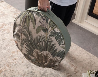 Green Palm Multi-Purpose Filled Pouf, Floor Cushion, Garden Cushion, Balcony Cushion, Round Cushion, Carrying Handle