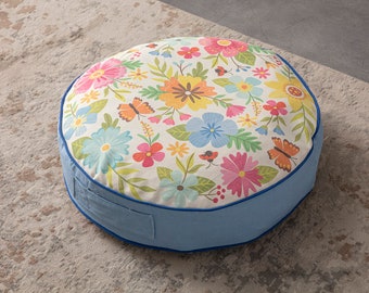 Floral Multi-Purpose Filled Pouf, Floor Cushion, Garden Cushion, Balcony Cushion, Round Cushion, carrying handle