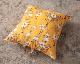 Yellow Flowers Multi-Purpose Filled Pouf, Floor Cushion, Garden Cushion, Balcony Cushion, Square Cushion, Carrying Sleeves