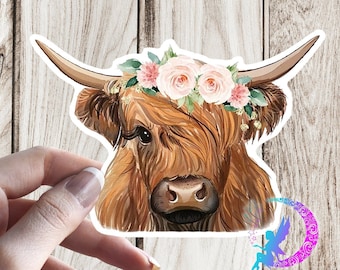 Highland Cow, with Flowers Sticker- High Quality Waterproof Weatherproof Vinyl Sticker! Available in Multiple Sizes!