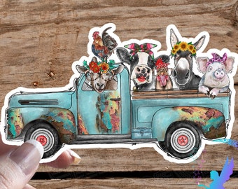 Turquoise Farm Truck- Cute Goat, Chicken, Cow, Donkey, and Pig cruisin -Sticker- High Quality & Water resistant! Available in 7 Sizes!