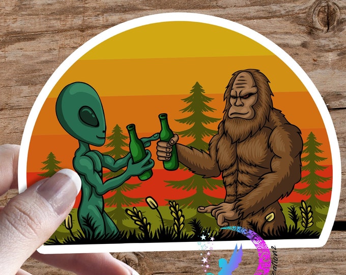 Sasquatch Drinking with Alien Sticker - High Quality Waterproof Weatherproof Vinyl Sticker! Available in Multiple Sizes! Bigfoot, Aliens