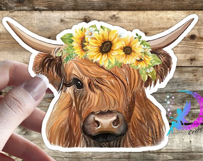 Highland Cow, with SunFlowers Sticker- High Quality & Water resistant! Available in Multiple Sizes!