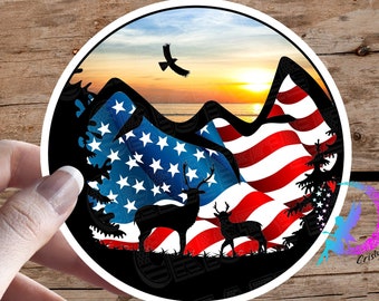 America the Beautiful Sticker - Sunset Sunrise - Deer, Eagle, Mountains - High Quality & Water Resistant! Available in Multiple Sizes.