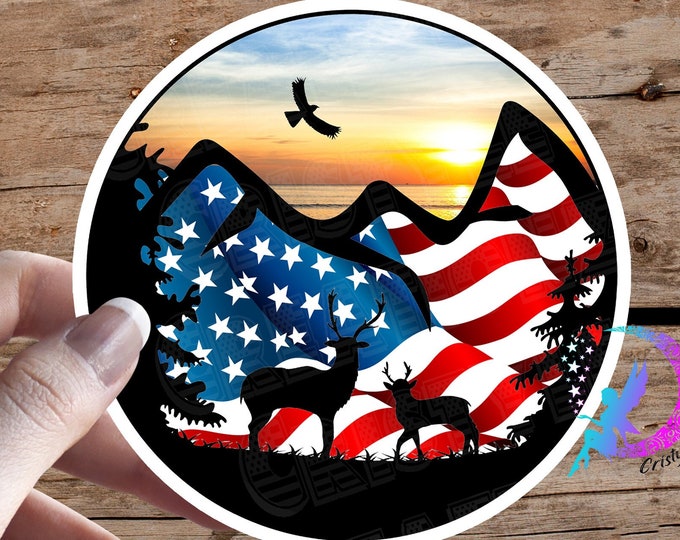 America the Beautiful Sticker - Sunset Sunrise - Deer, Eagle, Mountains - High Quality & Water Resistant! Available in Multiple Sizes.
