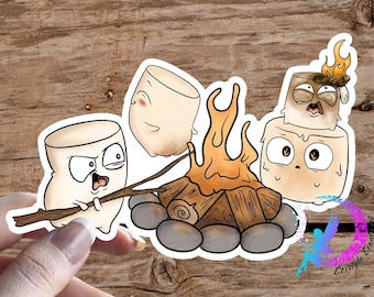 Marshmallow Family Campfire Lighting Each Other on Fire - Sticker - High Quality & Water Resistant! Available in Multiple Sizes!