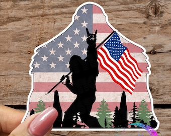 Bigfoot with American flag - Sticker - High Quality & Water Resistant! Available in Multiple Sizes! Sasquatch, US Flag, Squatch, Merica