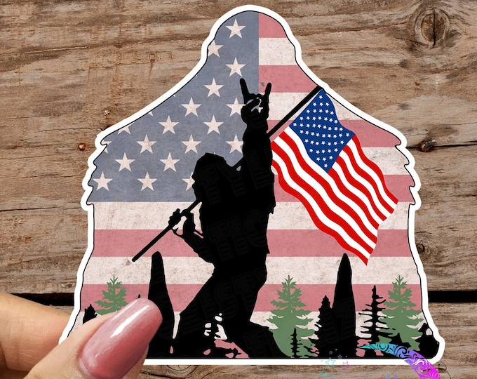 Bigfoot with American flag - Sticker - High Quality & Water Resistant! Available in Multiple Sizes! Sasquatch, US Flag, Squatch, Merica