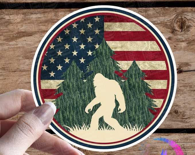 Sasquatch with rustic American flag and trees - Sticker - High Quality & Water Resistant! Available in Multiple Sizes! Bigfoot, Aliens