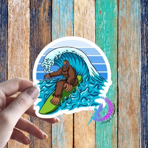 Bigfoot Sasquatch Catching a Wave, Surfing - Vintage style- Sticker - High Quality & Water Resistant! Available in Multiple Sizes!