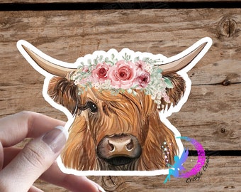 Highland Cow, with Flowers Sticker- High Quality & Water resistant! Available in Multiple Sizes! Pink Roses, Floral Crown