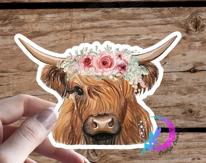 Highland Cow, with Flowers Sticker- High Quality & Water resistant! Available in Multiple Sizes! Pink Roses, Floral Crown