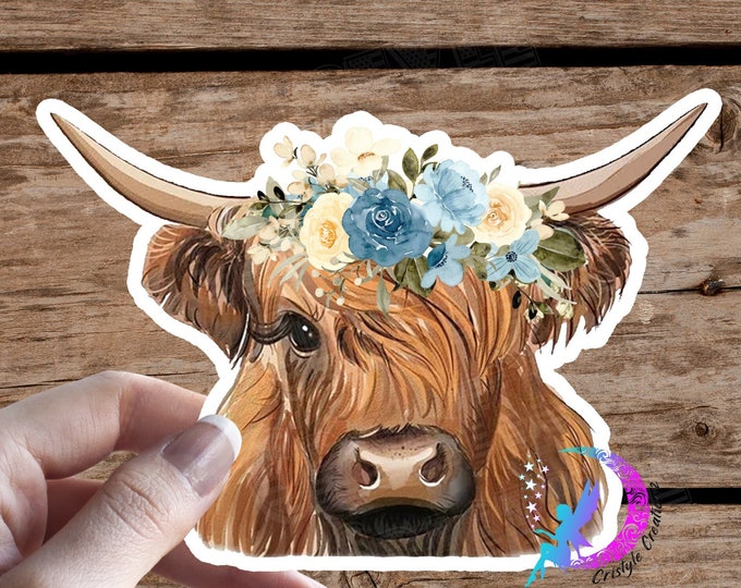 Highland Cow, with Blue Flowers Sticker- High Quality & Water resistant! Available in Multiple Sizes! Floral Crown