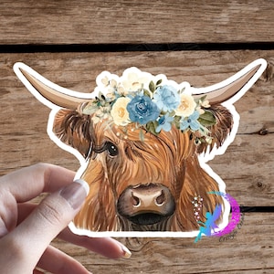Highland Cow, with Blue Flowers Sticker- High Quality & Water resistant! Available in Multiple Sizes! Floral Crown