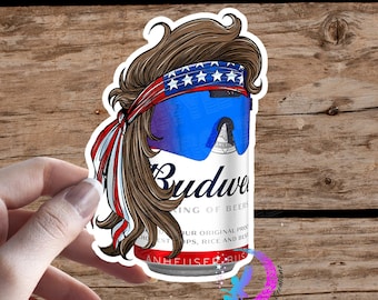 Mullet Beer Can Mullet - Bud-Weiser Fan Art - Patriotic Beer Sticker - High Quality & Water Resistant! Available in Multiple Sizes!