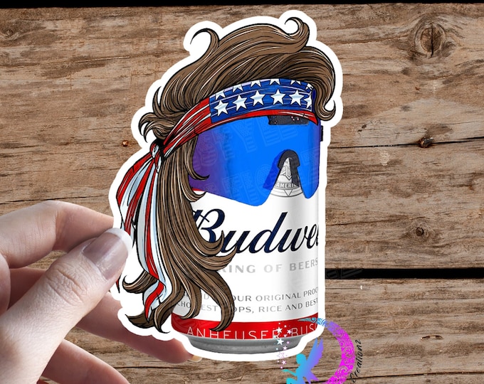 Mullet Beer Can Mullet - Bud-Weiser Fan Art - Patriotic Beer Sticker - High Quality & Water Resistant! Available in Multiple Sizes!