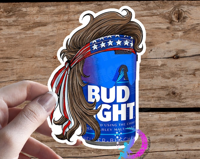BudLight Beer Can Mullet, Fan Art, Patriotic Beer Sticker - High Quality Waterproof Weatherproof Vinyl Sticker! Available in Multiple Sizes!