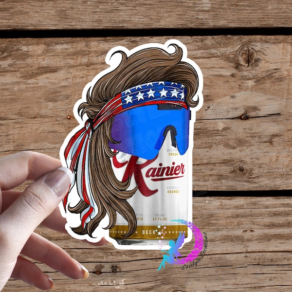 Beer Can Mullet Sticker, Rainier Fan Art, Patriotic Beer Sticker - High Quality, Water-Resistant, available in multiple sizes