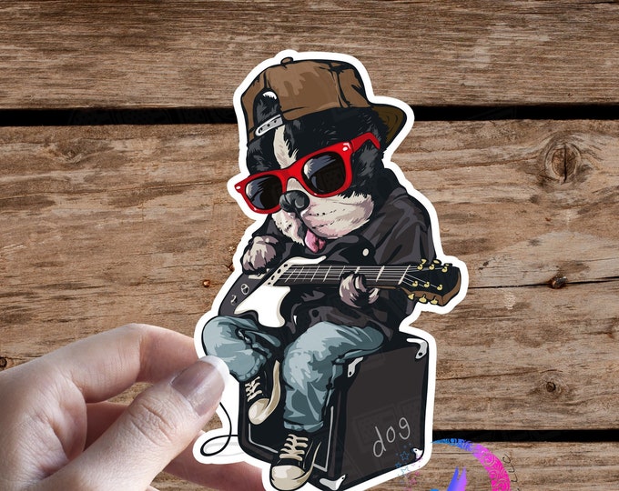 Cool Dog playing Electric Guitar, sitting on Guitar Amp - Sticker - High Quality - Water Resistant - Vinyl Sticker - Boston Terrier