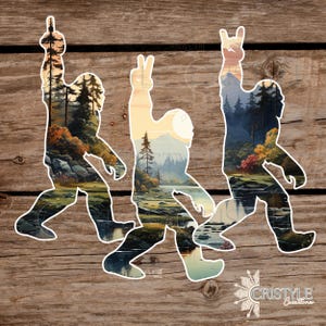 May include: Three silhouette figures of Bigfoot walking in a line. Each figure is filled with a different landscape scene, including mountains, trees, and water. The figures are outlined in white against a woodgrain background.