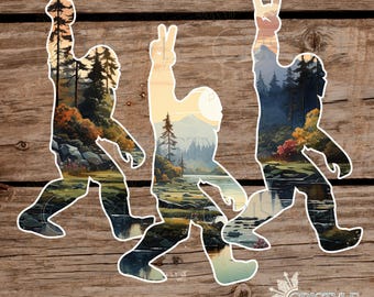 Sasquatch Mountains - High Quality Waterproof Weatherproof Vinyl Sticker! Available in Multiple Sizes! Bigfoot Peace, Middle Finger, Rock On