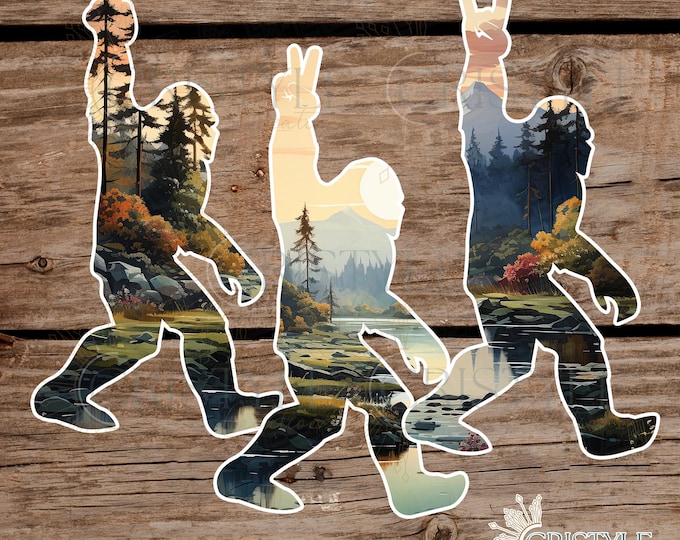 Sasquatch Mountains - High Quality Waterproof Weatherproof Vinyl Sticker! Available in Multiple Sizes! Bigfoot Peace, Middle Finger, Rock On