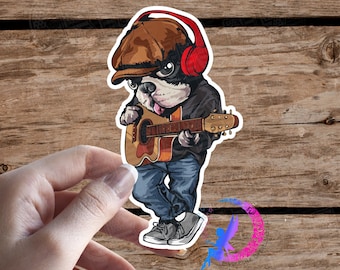 Cool Dog playing Acoustic Guitar - Sticker - High Quality - Water Resistant - Vinyl Sticker - Boston Terrier