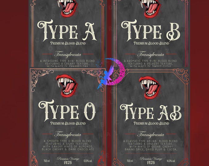 Halloween Red Wine Bottle Stickers/Labels, Vampire Blood - High Quality Waterproof Vinyl, choose from individual labels or set of 4