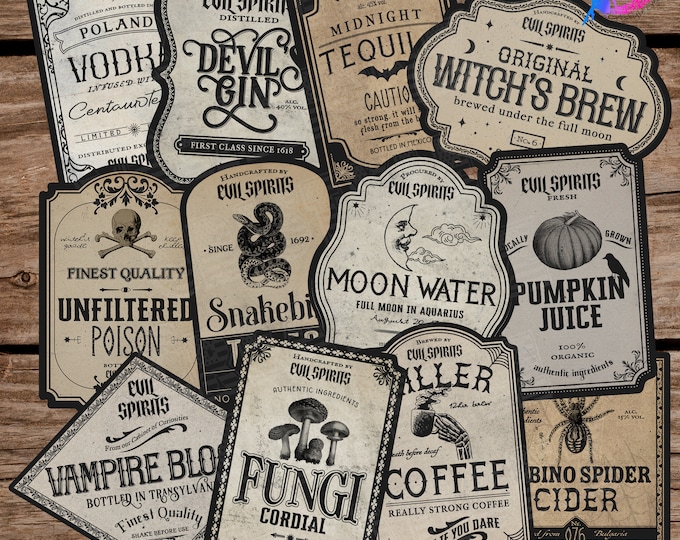 Halloween Drink Bottle Stickers/Labels - High Quality, Multiple sizes, Choose from an individual label, Sets of 4 or 8, or 12. Potion Labels