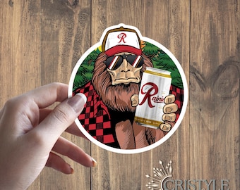 Bigfoot Sasquatch Drinking Beer Sticker - Rainier Fan Art Beer